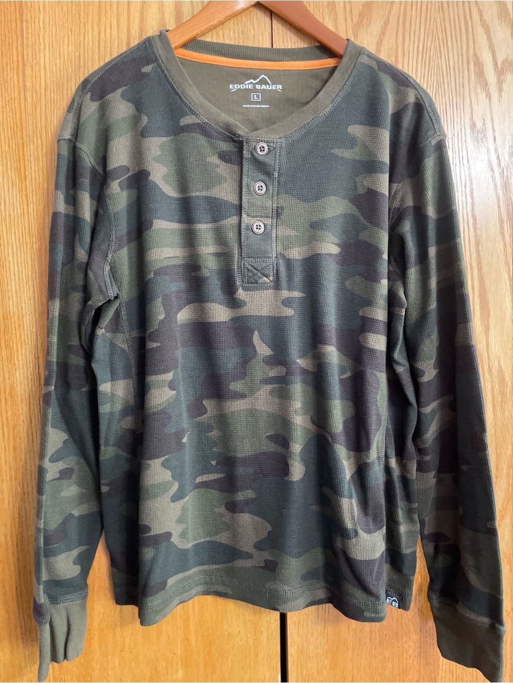 Eddie Bauer Olive and Brown Camouflage Henley Long Sleeve Shirt